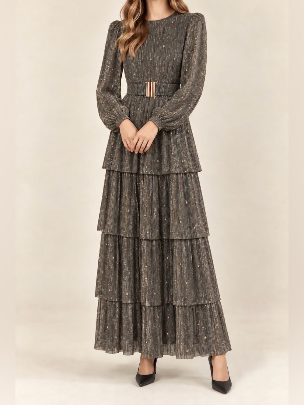 Like new INA NYC Tiered Belted Metallic Maxi Long Sleeve Dress Size Large